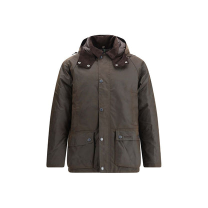 Barbour Brown Cotton Rain Coat with drawstring hood and corduroy collar, featuring front zipper and snap closure for AW25 season.