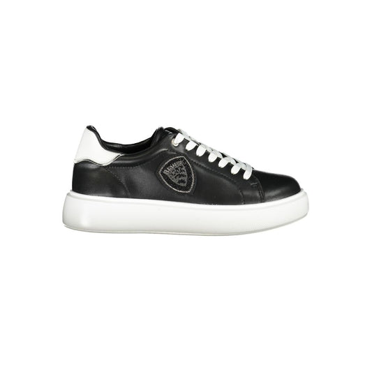 Blauer Black Leather Women Sneaker with logo, contrasting white details, and rhinestone embellishments for fashionable comfort.