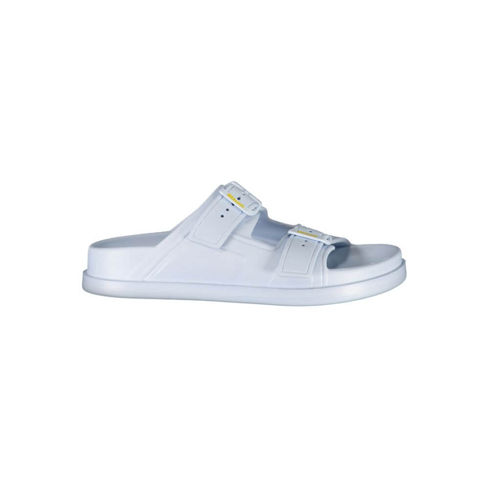 Alt Tag: Blauer Blue Polyethylene Women Sandal with adjustable buckles, slip-on style, featuring iconic logo and print, contemporary fashion.