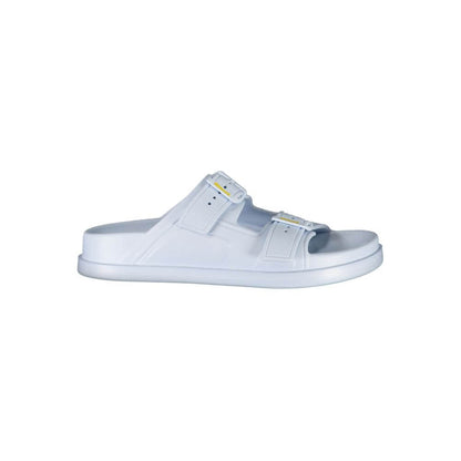 Alt Tag: Blauer Blue Polyethylene Women Sandal with adjustable buckles, slip-on style, featuring iconic logo and print, contemporary fashion.