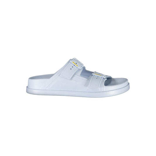 Alt Tag: Blauer Blue Polyethylene Women Sandal with adjustable buckles, slip-on style, featuring iconic logo and print, contemporary fashion.