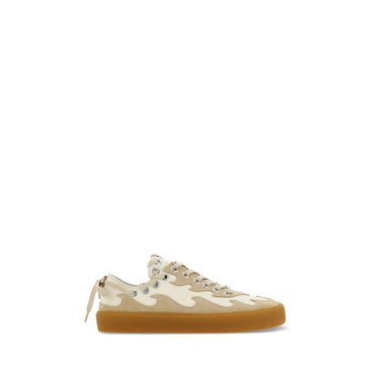 Bluemarble Brown Calf Leather Bos Taurus Low Top Sneakers with suede flame inserts and lace-up closure, AW23 collection.