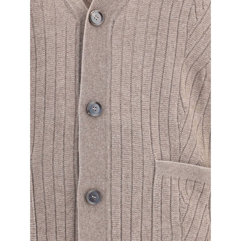 Brioni Brown Wool Cardigan with V-neckline, button closure, ribbed design, and patch pockets for AW25 season.
