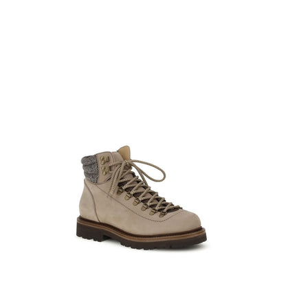 Brunello Cucinelli Beige Calf Leather Bos Taurus Lace-Up Boots with metal eyelets and two-tone laces, featuring durable rubber bottom.