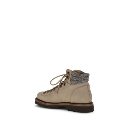 Brunello Cucinelli Beige Calf Leather Bos Taurus Lace-Up Boots with metal eyelets and two-tone laces, side view