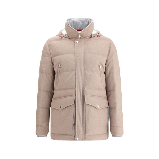 Brunello Cucinelli Beige Cashmere Coat with hood, front flap pockets, and zipper details for versatile winter elegance