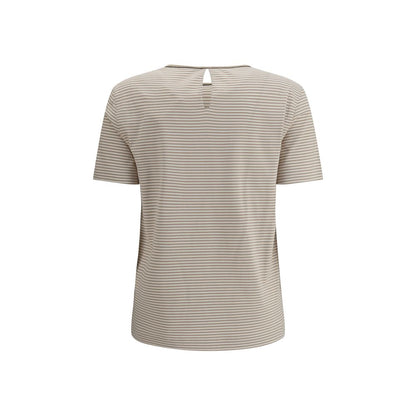 Back view of Brunello Cucinelli Beige Cotton T-Shirt with striped pattern and buttoned drop opening at neck, AW25 collection.