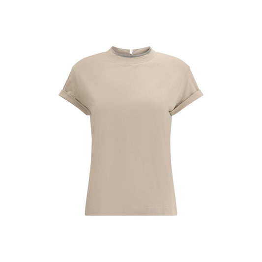 Brunello Cucinelli Beige Elastane T-Shirt, crewneck, jeweled detail, keyhole back, regular fit, 93% cotton, 7% elastane.