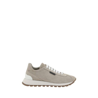 Brunello Cucinelli Beige Rubber Platform Sneakers with suede design, front lace closure, round toe, knurled sole, and shiny bead detail.
