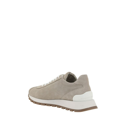 Brunello Cucinelli Beige Rubber Platform Sneakers with suede design, knurled sole, and logo-embossed detail showcasing elegance and comfort.