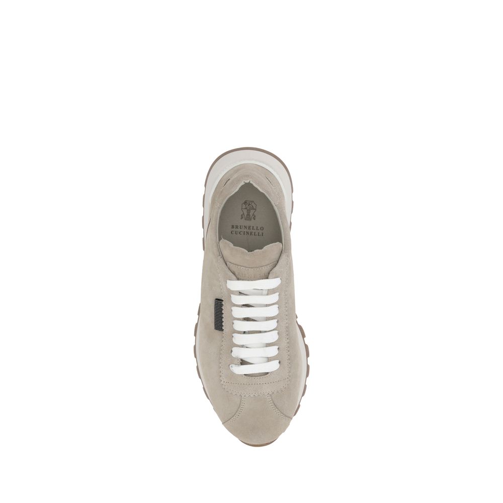 Brunello Cucinelli Beige Rubber Platform Sneakers with suede design, lace-up closure, and knurled platform sole for extra grip.