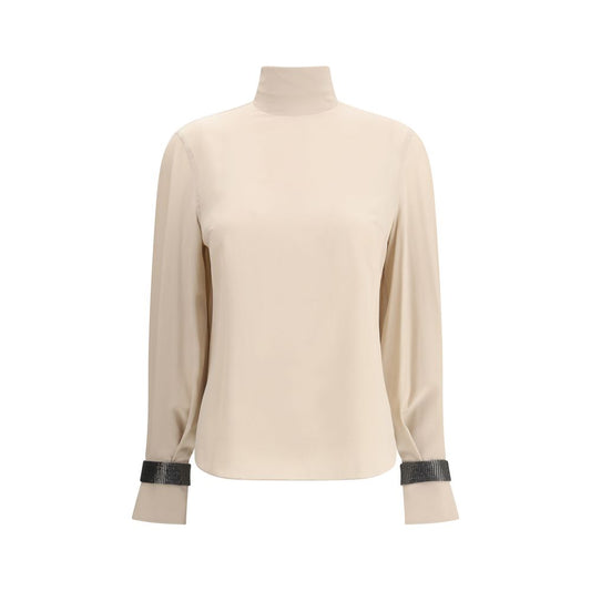 Brunello Cucinelli Beige Silk Blouse with high neck and jeweled decoration, elegant piece for refined and feminine looks.