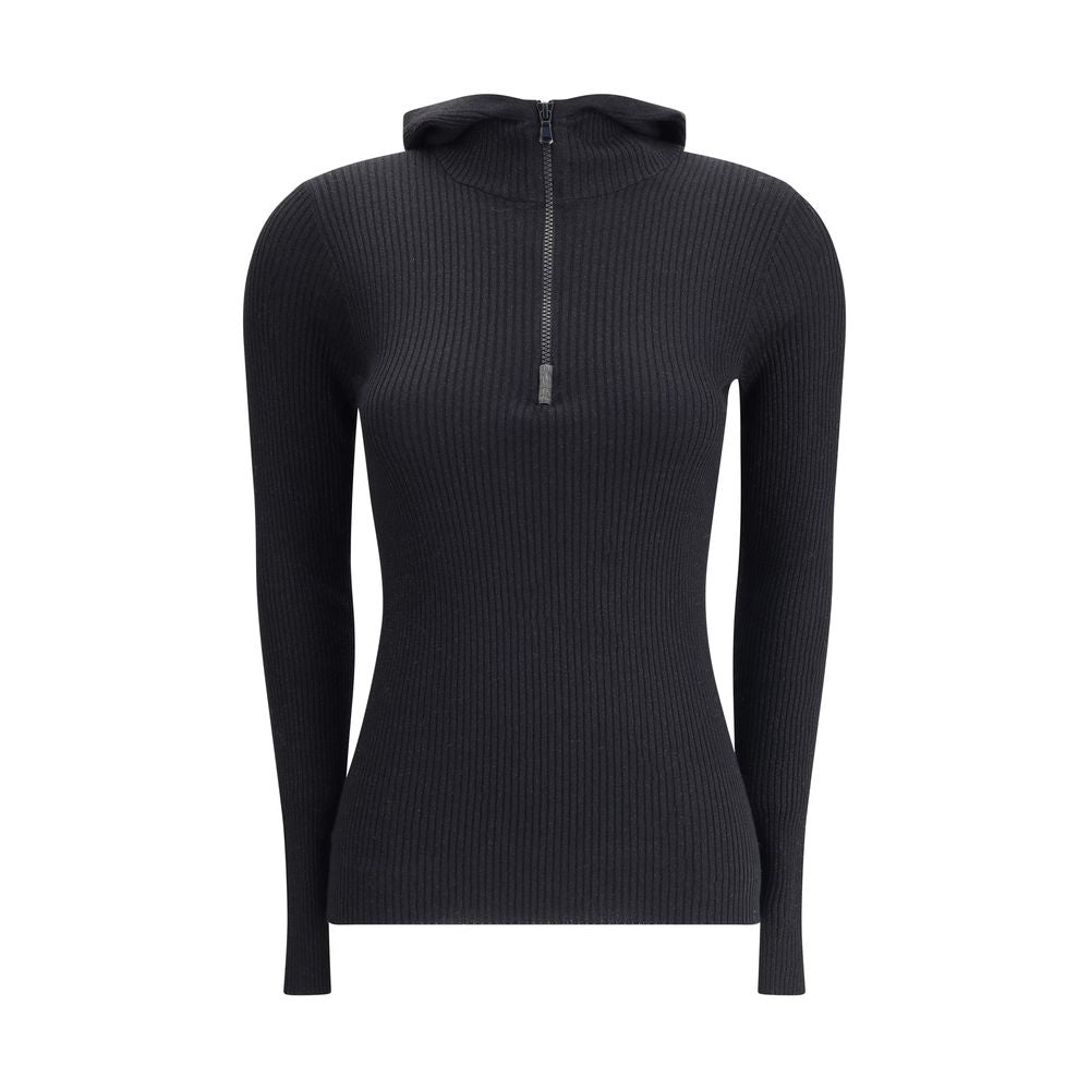 Brunello Cucinelli Black Cashmere Sweatshirt with ribbed knit, hood, and front zipper, showcasing a casual-chic and refined style.
