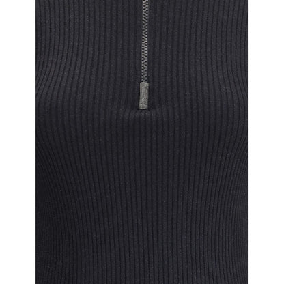 Close-up of Brunello Cucinelli Black Cashmere Sweatshirt with ribbed knit texture and zipper detail.