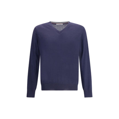Brunello Cucinelli Blue Cashmere Cashmere Sweater with ribbed V-neck and monochrome design for elegant and timeless style.