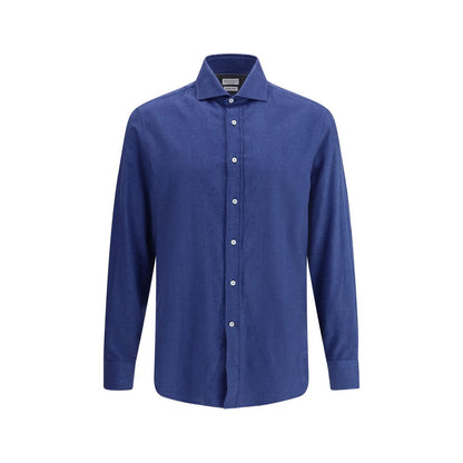 Brunello Cucinelli Blue Cotton Dress Shirt with classic collar and button closure, elegant design for versatile wear.