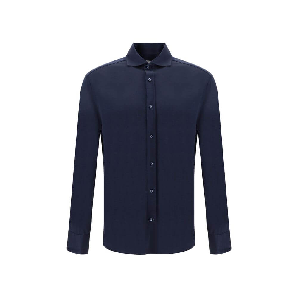 Brunello Cucinelli Blue Silk Shirt with classic collar, button closure, and adjustable cuffs, made of luxury silk for comfort and style.