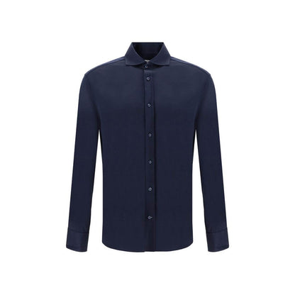 Brunello Cucinelli Blue Silk Shirt with classic collar, button closure, and adjustable cuffs, made of luxury silk for comfort and style.
