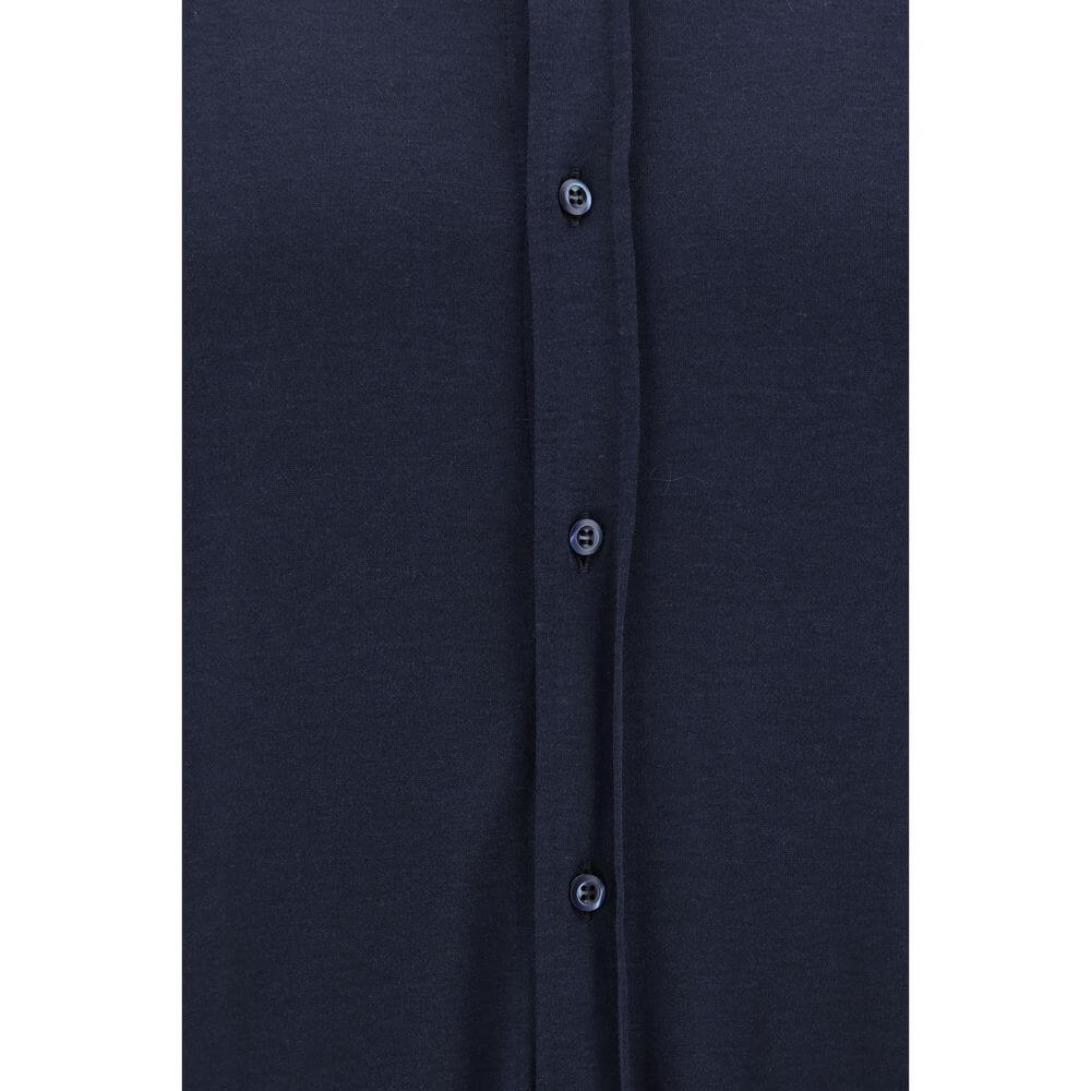 Front view of Brunello Cucinelli Blue Silk Shirt showcasing button closure and monochrome design.