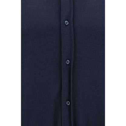 Front view of Brunello Cucinelli Blue Silk Shirt showcasing button closure and monochrome design.