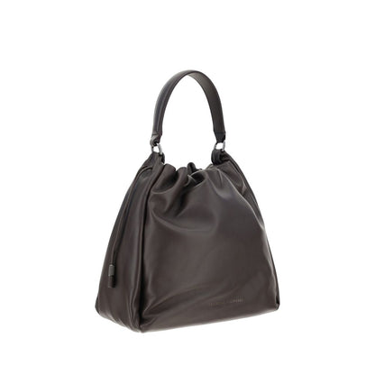 Brunello Cucinelli Brown Calf Leather Bos Taurus Shoulder Bag with drawstring closure and adjustable handle for AW25 season.