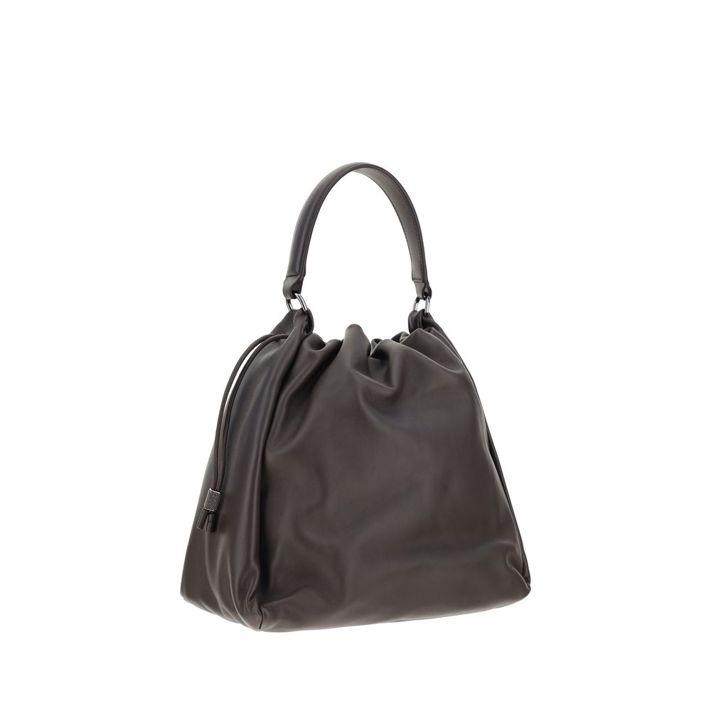 Brunello Cucinelli Brown Calf Leather Bos Taurus Shoulder Bag with drawstring closure and adjustable handle, featuring brand signature.