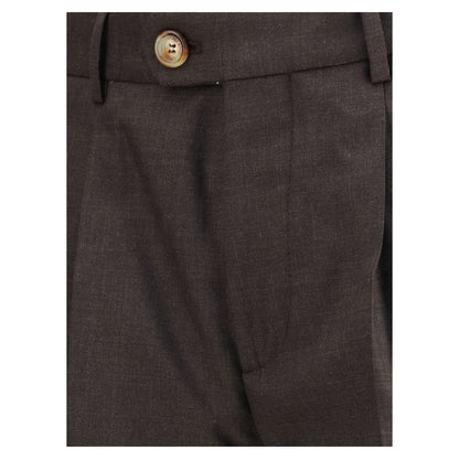 Brunello Cucinelli Brown Fleece Wool Casual Pants with button-zip closure and belt loops for a sophisticated fit.