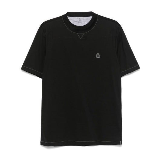 Brunello Cucinelli Crew neck T-shirt in cotton jersey with logo and faux layering Topwear