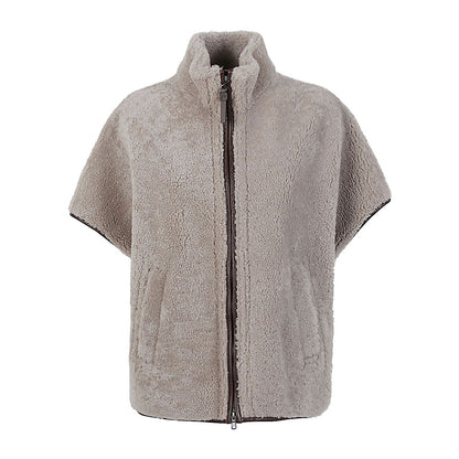Brunello Cucinelli Curly Shearling Short Sleeve Outerwear with Shiny Zipper Pull