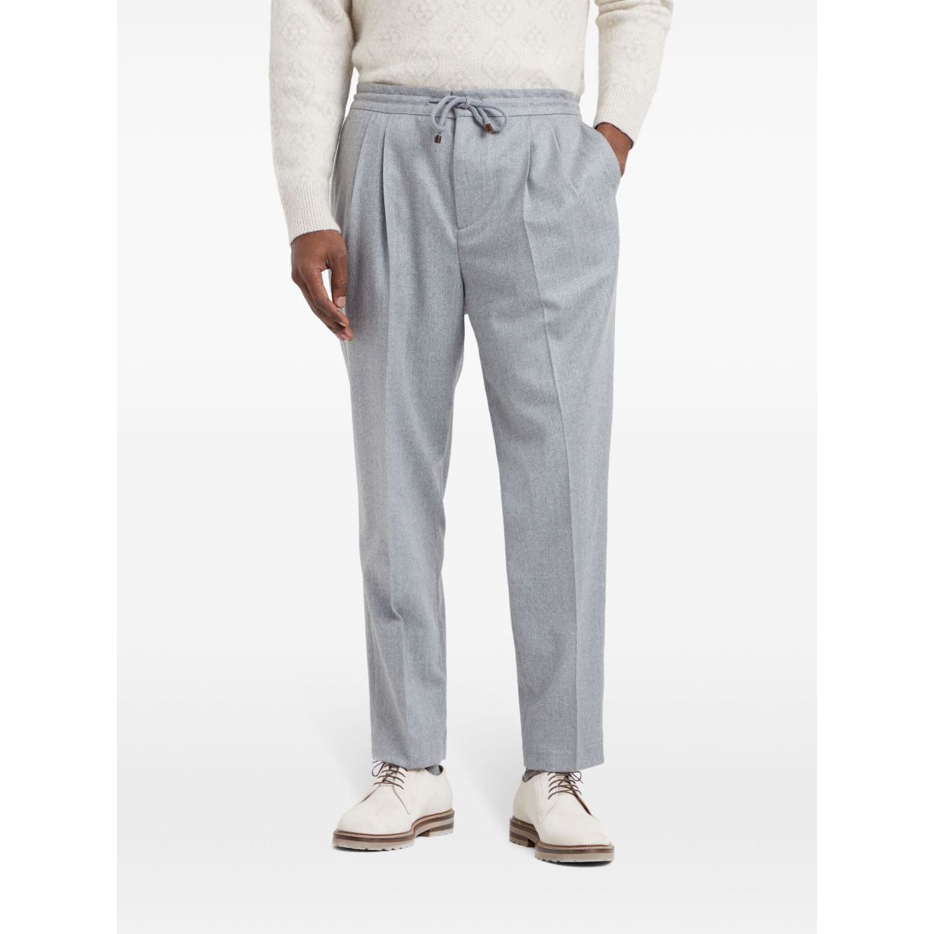 Brunello Cucinelli Drawstring trousers in beluga grey virgin wool with elasticated waistband and pockets.