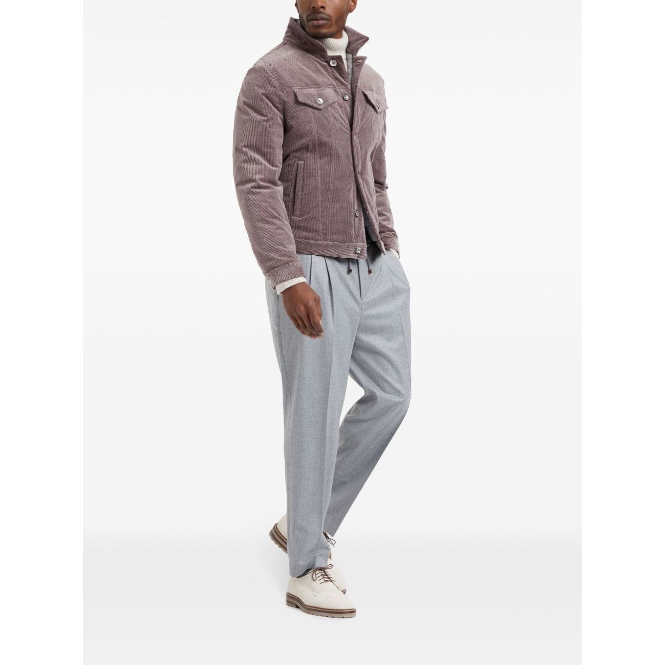 Brunello Cucinelli Drawstring trousers in beluga grey virgin wool with a tapered leg and elasticated waistband. Styled with a buttoned jacket.