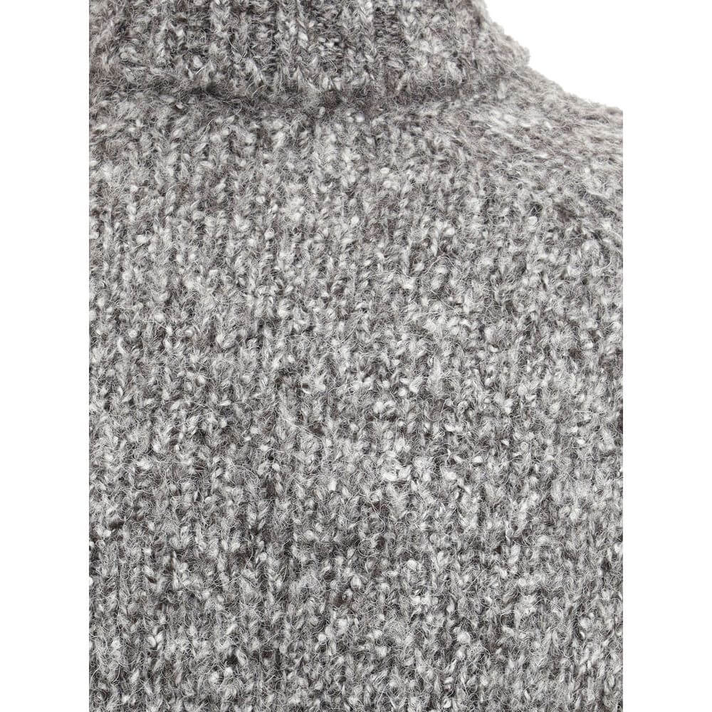 Close-up of Brunello Cucinelli Gray Alpaca Vicugna Pacos Turtleneck texture, highlighting luxurious alpaca and virgin wool blend.