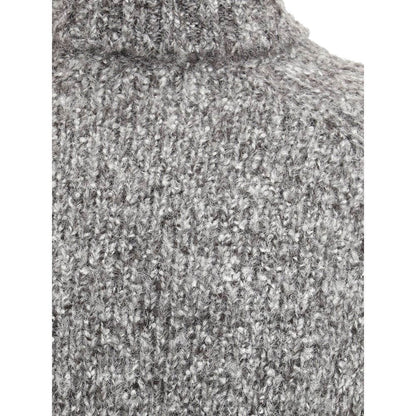 Close-up of Brunello Cucinelli Gray Alpaca Vicugna Pacos Turtleneck texture, highlighting luxurious alpaca and virgin wool blend.