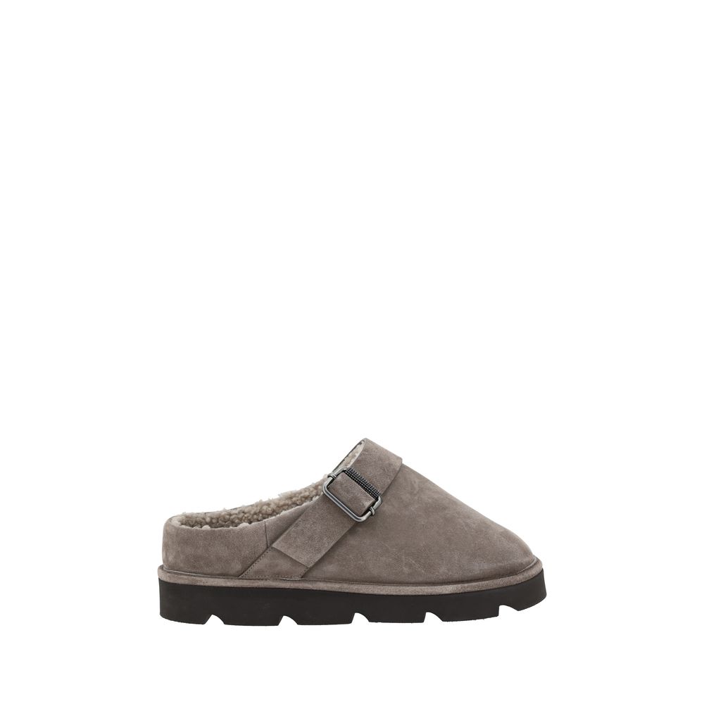 Brunello Cucinelli Gray Calf Leather Bos Taurus Clogs with fur trim, adjustable buckle, and knurled sole for style and comfort.