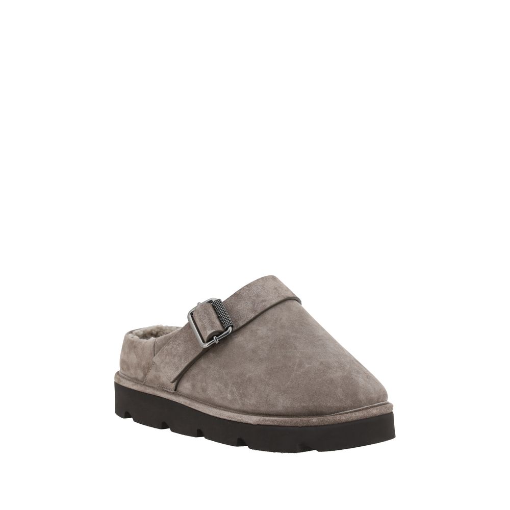 Brunello Cucinelli Gray Calf Leather Bos Taurus Clogs with buckle and fur trim, perfect for a stylish and cozy fall look.