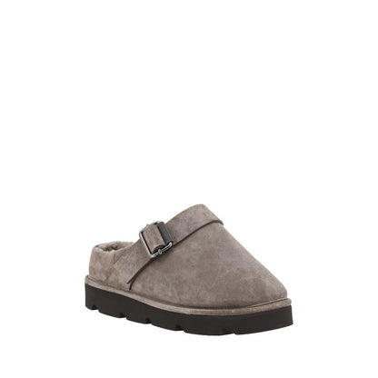 Brunello Cucinelli Gray Calf Leather Bos Taurus Clogs with buckle and fur trim, perfect for a stylish and cozy fall look.