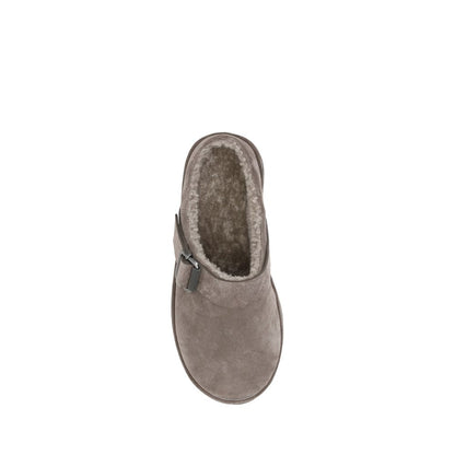 Brunello Cucinelli Gray Calf Leather Bos Taurus Clogs with fur trim, rounded toe, and adjustable buckle for a stylish fall look.