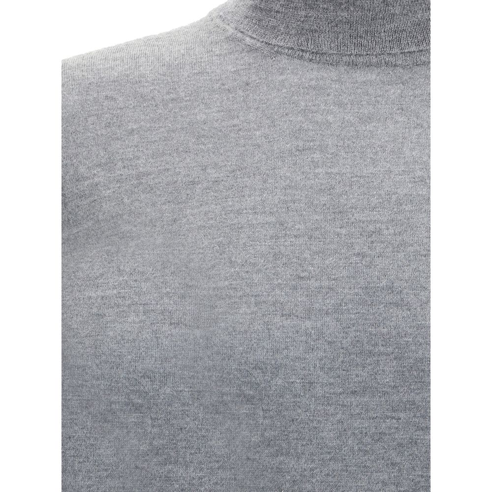 Brunello Cucinelli Gray Cashmere Cashmere Sweater close-up showcasing high collar and soft fabric texture.