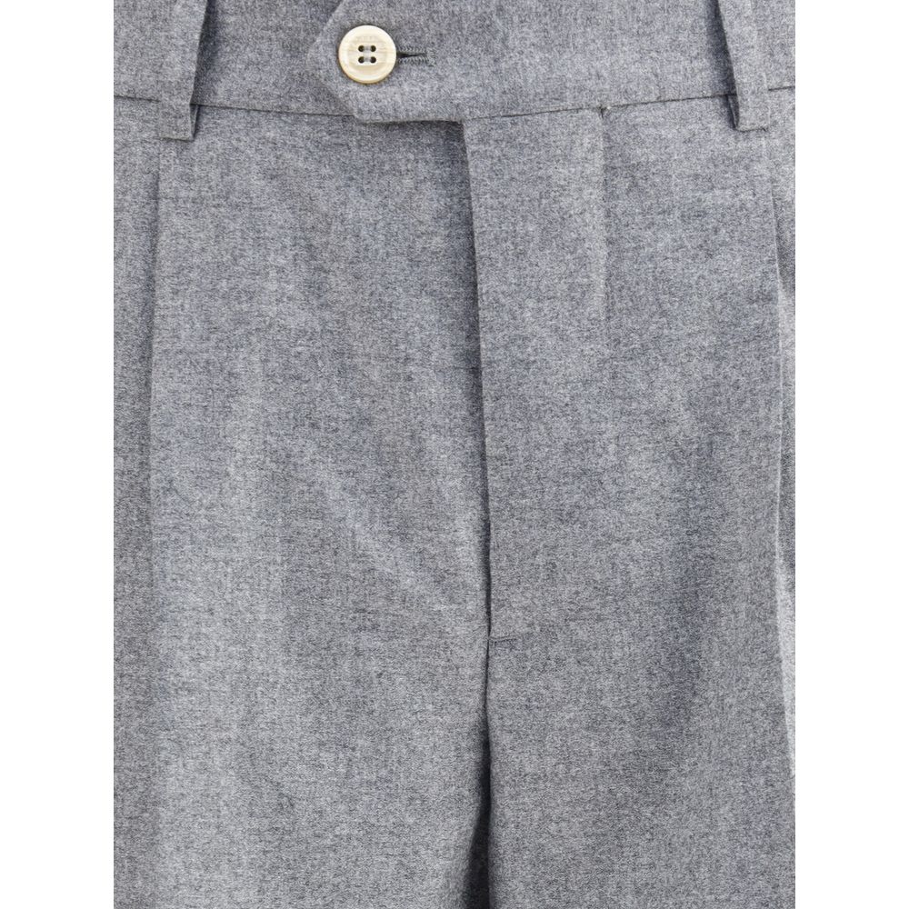 Close-up of Brunello Cucinelli Gray Cashmere Casual Pants showcasing button and textured fabric.