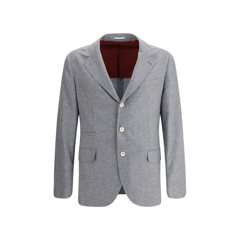 Brunello Cucinelli Gray Cashmere Clothing blazer with three buttons and traditional lapels, showcasing elegance and style.