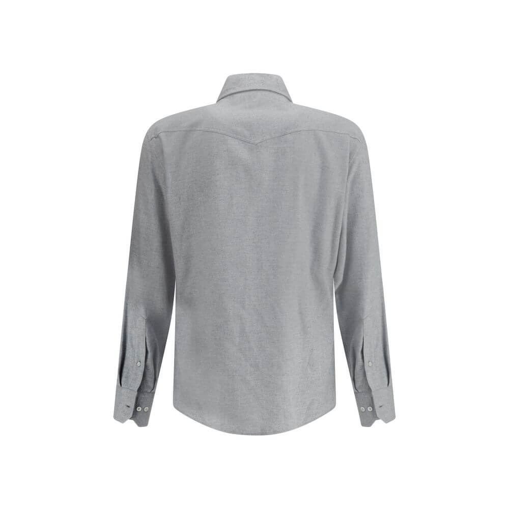 Brunello Cucinelli Gray Cotton Pattern Shirt with classic collar and adjustable button cuffs, back view of elegant and versatile design