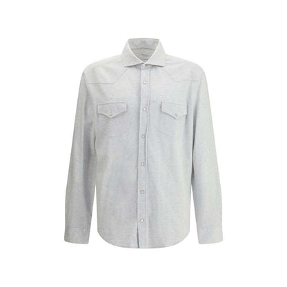 Alt Tag: Brunello Cucinelli Gray Cotton Shirt, knit style with snap buttons, classic collar, and front patch pockets, elegant and comfortable.
