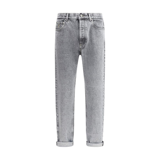 Brunello Cucinelli Gray Cotton Straight-Leg Jeans with high-waisted fit and elegant style for AW25 season, 100% cotton design.