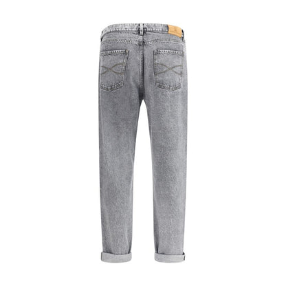 Back view of Brunello Cucinelli Gray Cotton Straight-Leg Jeans with pockets and rolled cuffs, showcasing elegant design and quality craftsmanship.