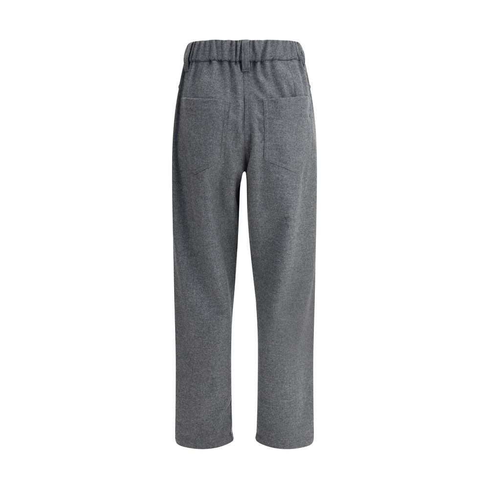 Brunello Cucinelli Gray Fleece Wool Casual Pants with elastic waistband and five-pocket design, showcasing versatile elegance.