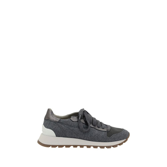 Brunello Cucinelli Gray Fleece Wool Sneakers with mélange fabric, lace-up closure, round toe, and knurled sole for modern style and comfort.
