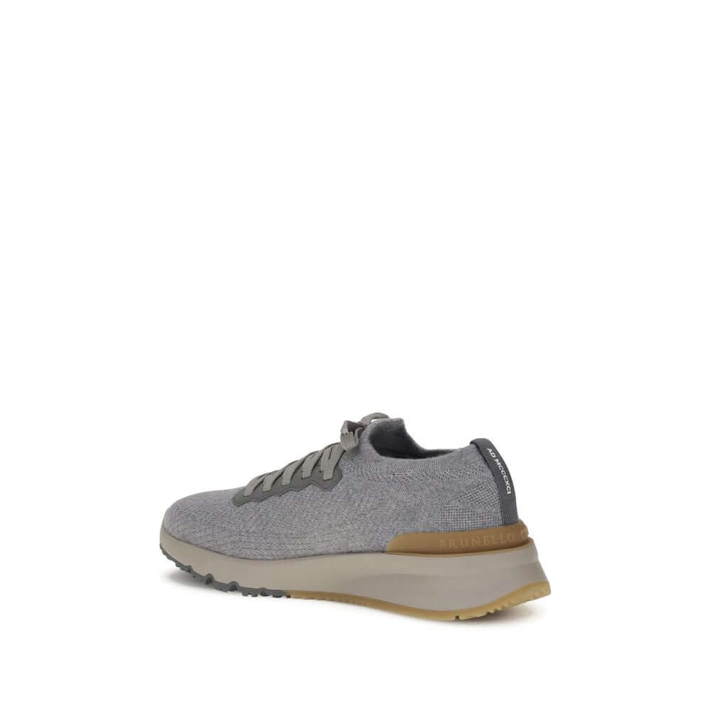 Brunello Cucinelli Gray Rubber Athletic Sneakers with wool, tapered silhouette, lace-up closure, and branded heel puller for AW25.