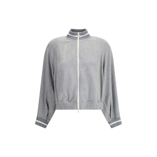 Brunello Cucinelli Gray Viscose Sweatshirt with front zipper, ribbed collar, cuffs, hem, and side welt pockets, perfect for casual style.