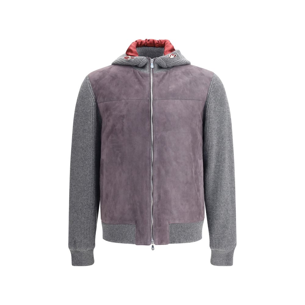 Brunello Cucinelli Gray Wool Jackets And Coat with suede yoke and English rib knit, featuring zipper closure and adjustable hood.