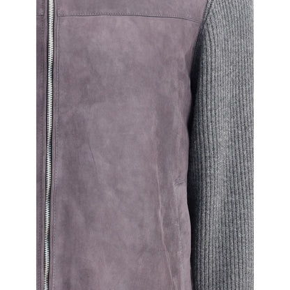 Brunello Cucinelli Gray Wool Jackets And Coat with suede yoke and ribbed knit sleeves, featuring a double-slider front zipper closure.